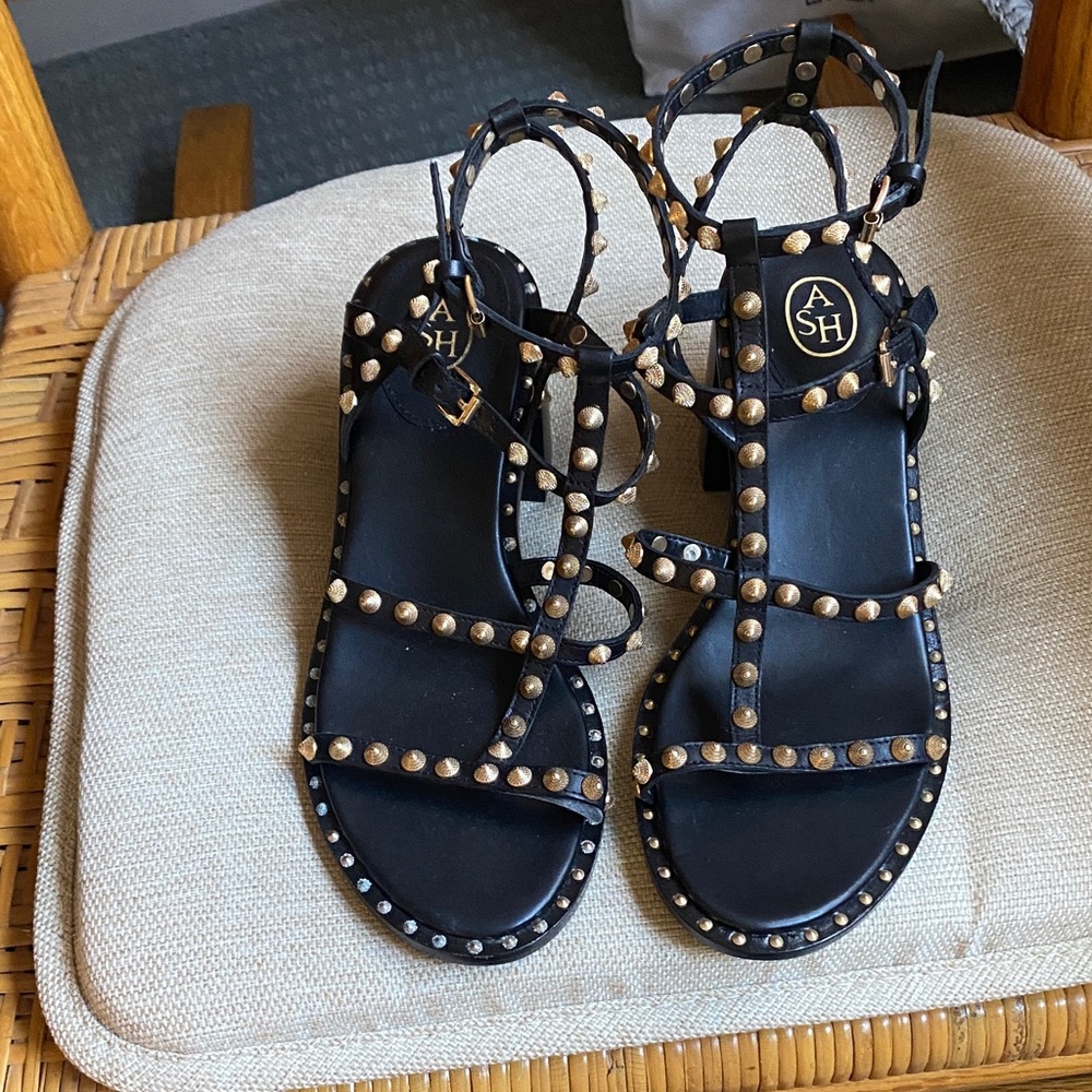 ASH Black T-Strap Studded Leather Sandals size 39